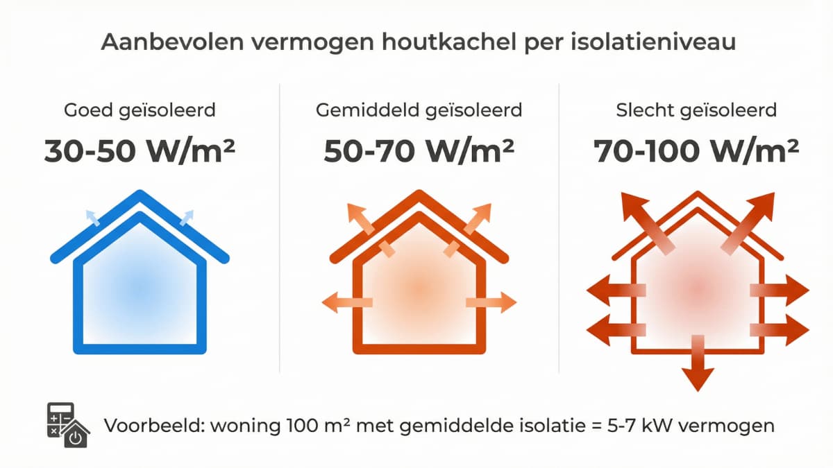 Infografiek die het aanbevolen vermogen van een houtkachel toont op basis van het isolatieniveau van een woning: goed geïsoleerd (30–50 W/m²), gemiddeld geïsoleerd (50–70 W/m²) en slecht geïsoleerd (70–100 W/m²), met een rekenvoorbeeld voor een woning van 100 m².