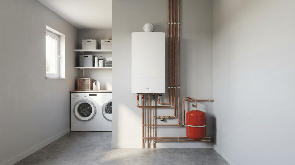 CV-ketel gemonteerd aan de muur in een wasruimte, met zichtbare koperen leidingen, een rood expansievat en een wasmachine op de achtergrond.