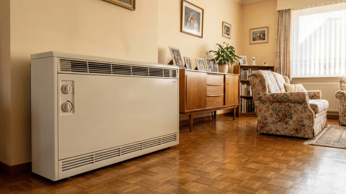 Elektrische accumulatorverwarming geplaatst in een woonkamer met houten vloer en klassiek interieur, bedoeld voor het opslaan en afgeven van warmte.