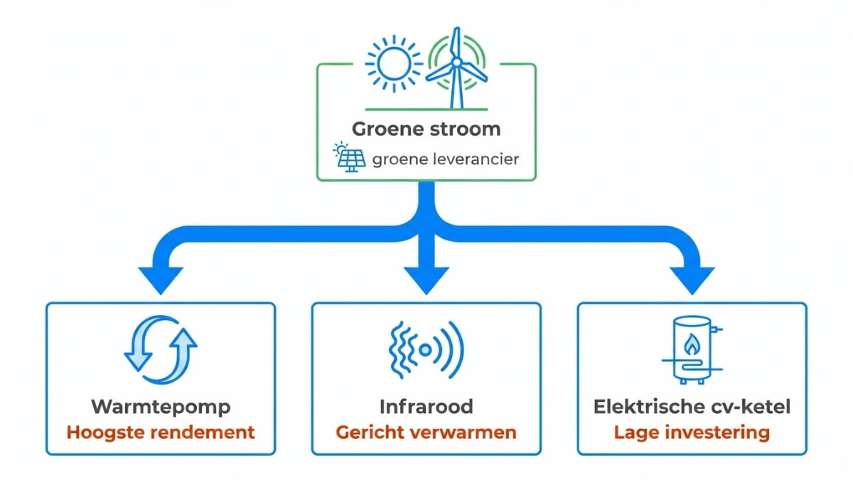 Schematisch overzicht waarin groene stroom van een duurzame leverancier wordt ingezet voor een warmtepomp, infraroodverwarming en een elektrische cv-ketel, met aanduiding van rendement, gerichte verwarming en investeringsniveau.