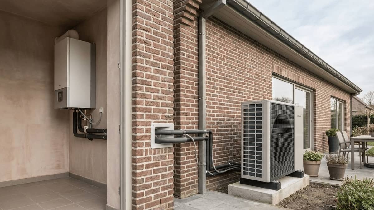 Hybride warmtepompsysteem met een binnenunit aan de muur en een buitenunit naast de woning, verbonden via leidingen door de gevel van een bakstenen huis.