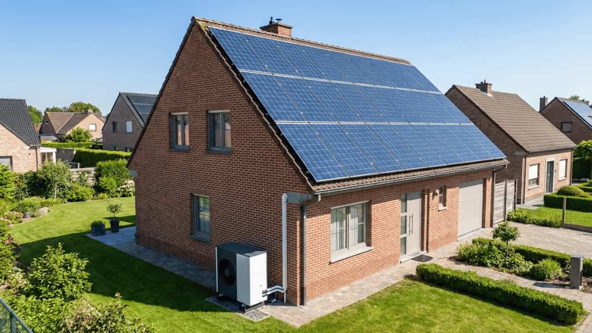 Vrijstaande bakstenen woning met zonnepanelen op het hellende dak en een warmtepompunit naast de gevel, gelegen in een groene woonomgeving.
