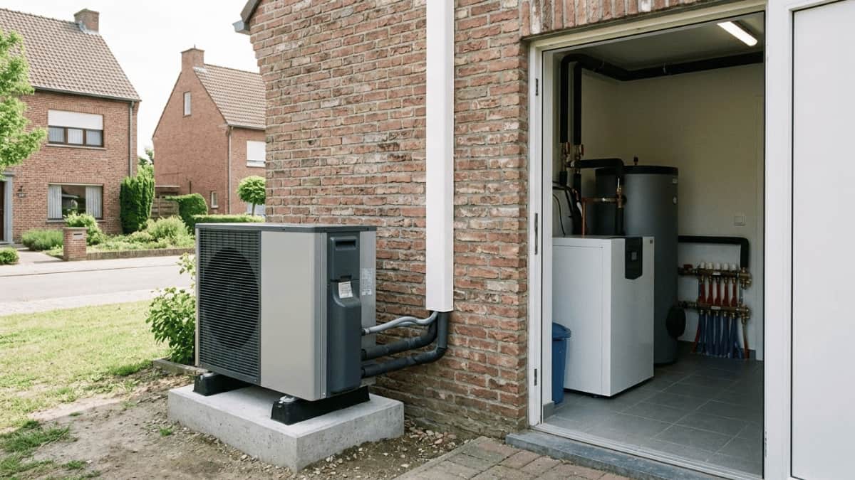 Warmtepompsysteem met een buitenunit naast de woning en een binnenunit in een technische ruimte, verbonden via leidingen door de gevel van een bakstenen huis.