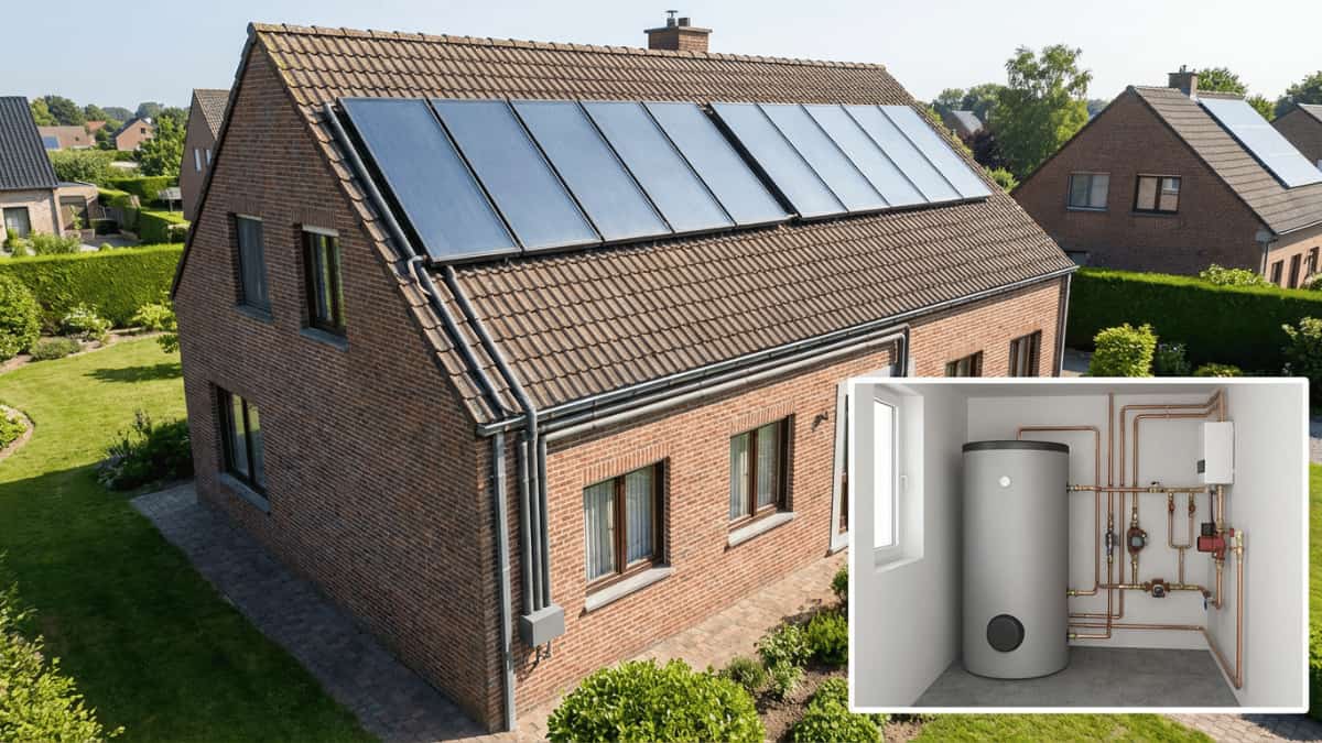 Woning met thermische zonnecollectoren op een hellend dak en een zonneboiler met voorraadvat en leidingen in een technische ruimte, gebruikt voor de productie van warm water.